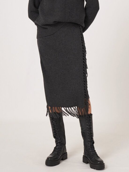 Repeat Dresses & Skirts - REPEAT‎ NWOT Wool Organic Cashmere Fringe Charcoal Skirt Sz 42/L